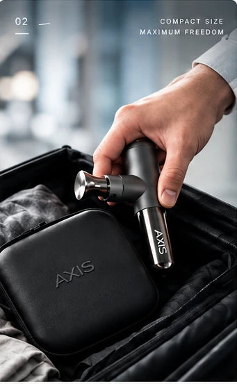 AXIS massage gun packed into travel bag