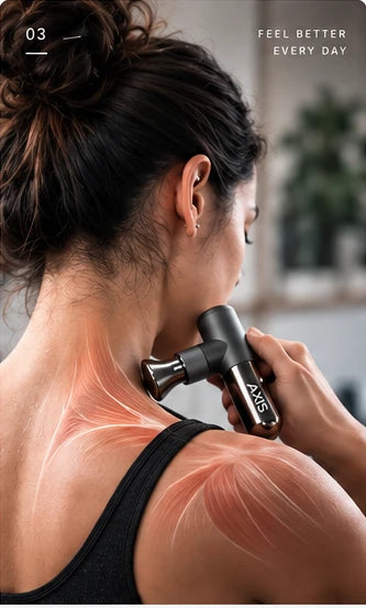 Person using AXIS device on shoulder as part of wellness routine